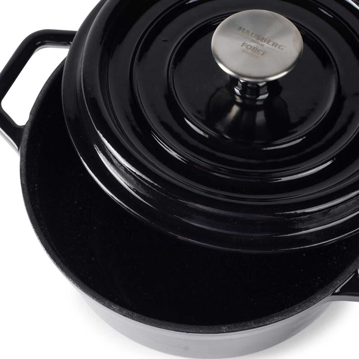 Oală din Fontă Emailată Hausberg HB-H744NG, 24 cm, 4.3L, Interior Negru Lucios, Compatibilă Inducție și Cuptor