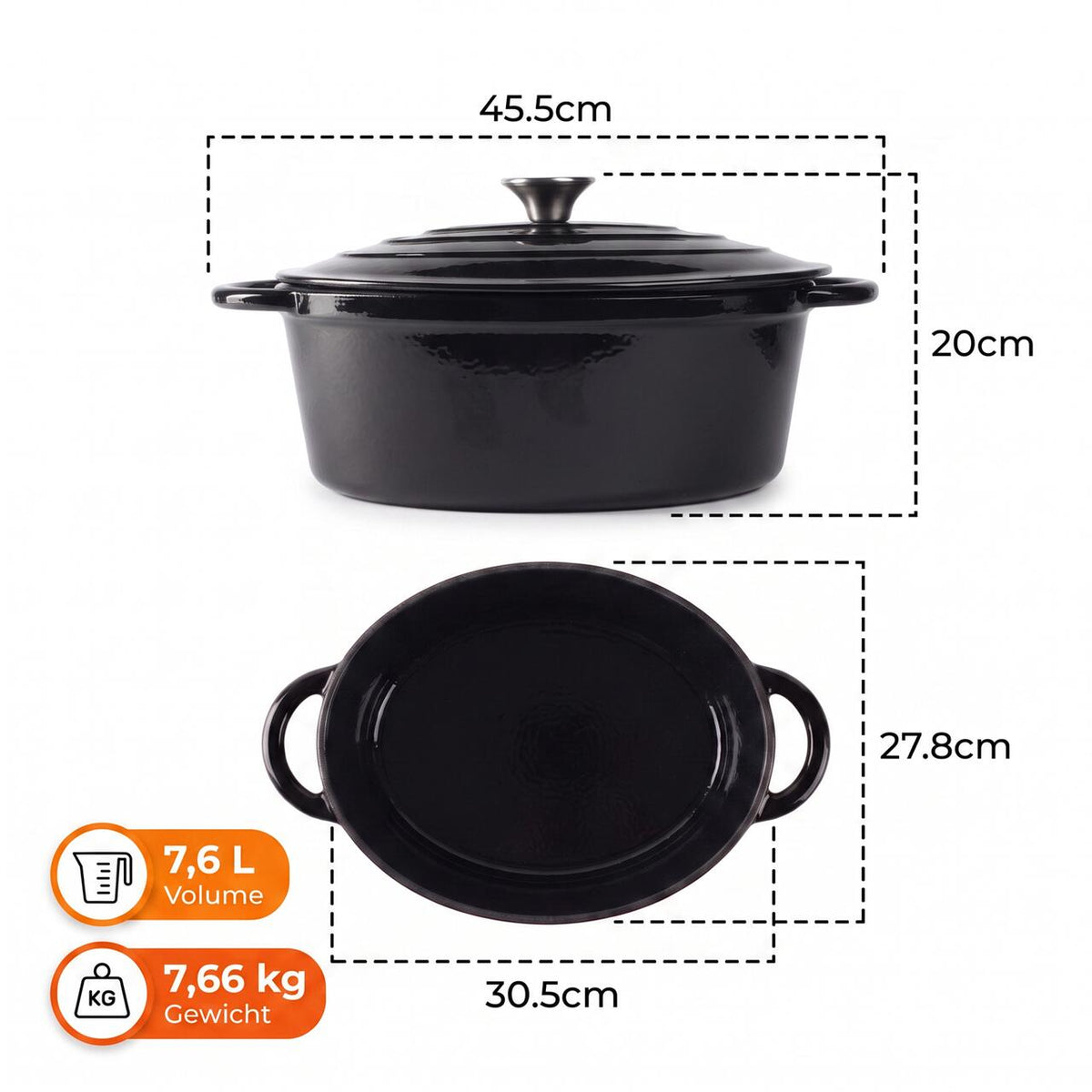 Oala din fonta emailata cu capac HAUSBERG HB-H750, capacitate 4.5L, diametru 30x23 cm, adancime 12 cm, interior antiaderent, Negru