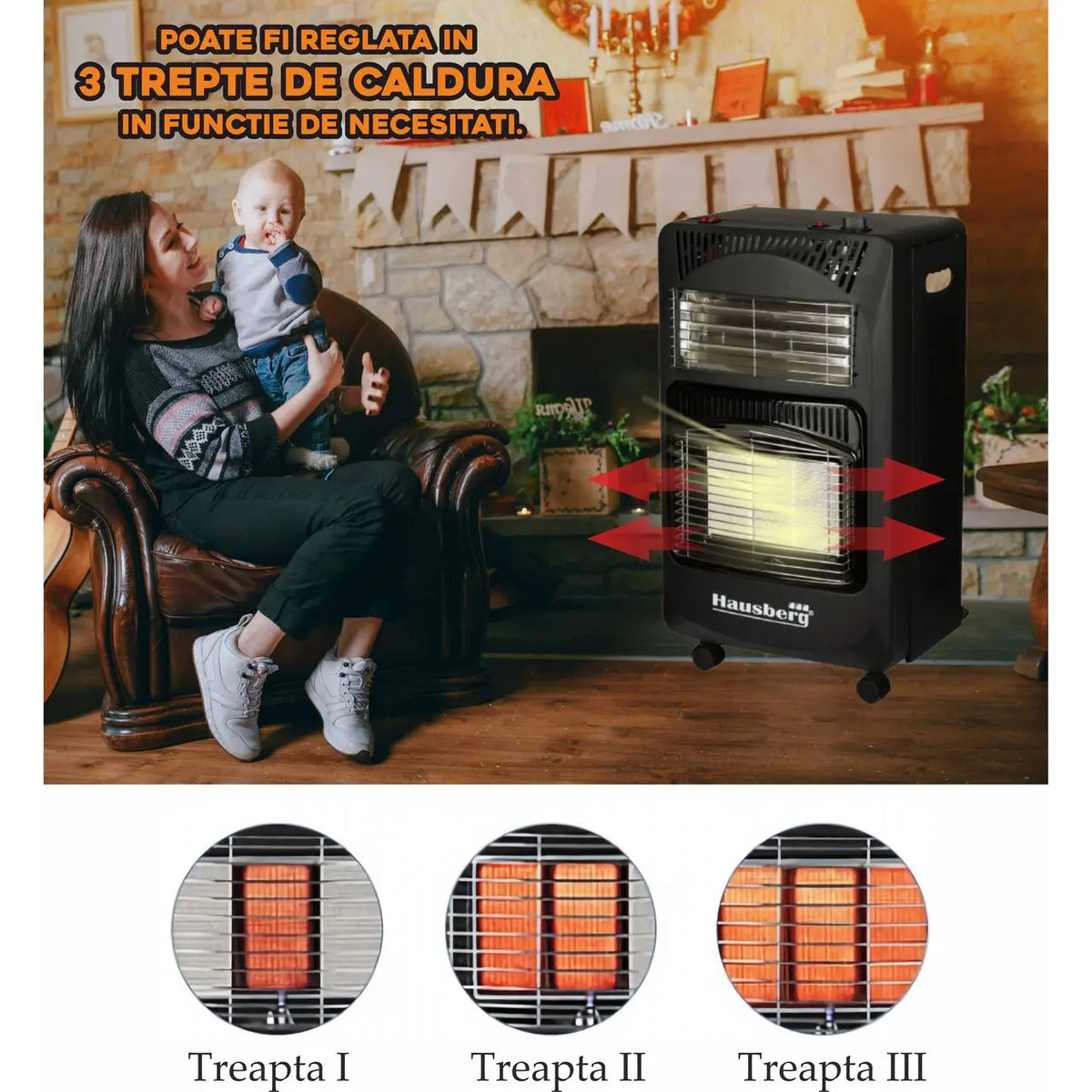 Pachet Soba pe gaz GPL (butelie) si electric HAUSBERG HB-1020NG, aprindere piezo-electrica, 4.2kW, Negru, Ceas butelie, 1m furtun gaz MN2015 si 2 coliere furtun