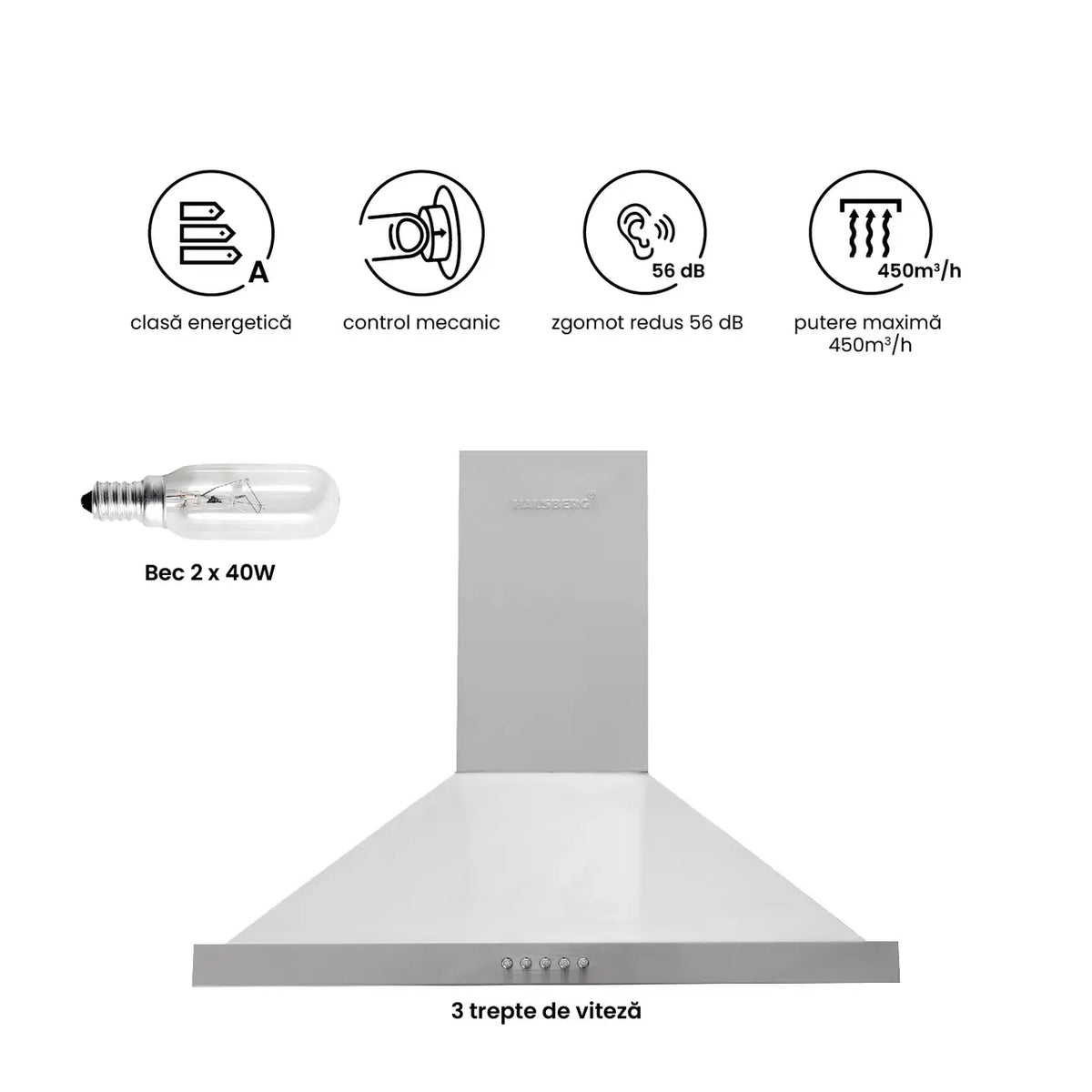 Hota incorporabila decorativa Hausberg HB-1260, Putere de absorbtie 450 m3/h, 1 motor, 60 cm, Inox