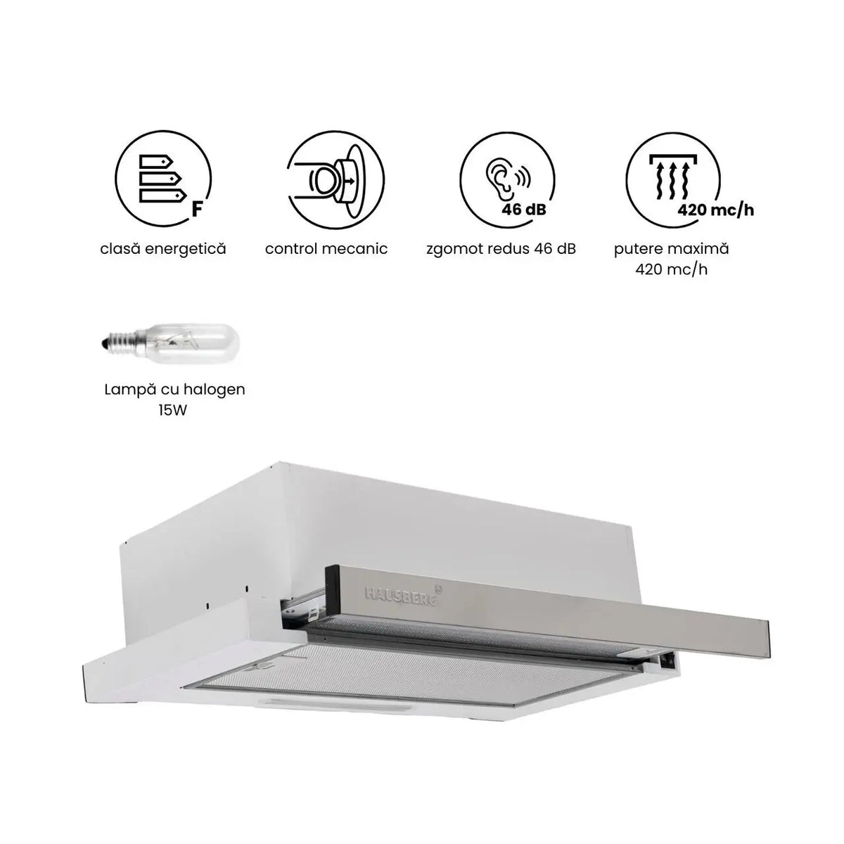 Hota incorporabila telescopica Hausberg HB-1285IN, putere de absorbtie 420 m3/h, 2 motoare, 60 cm, Inox