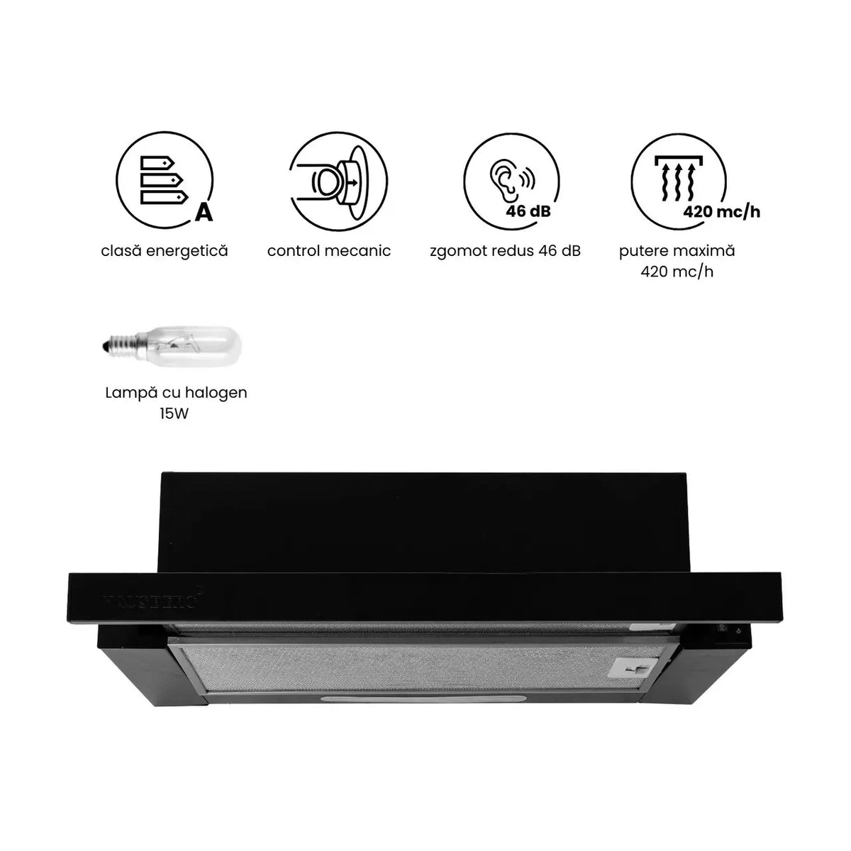 Hota incorporabila telescopica Hausberg HB-1285NG, putere de absorbtie 420 m3/h, 2 motoare, 60 cm, Negru