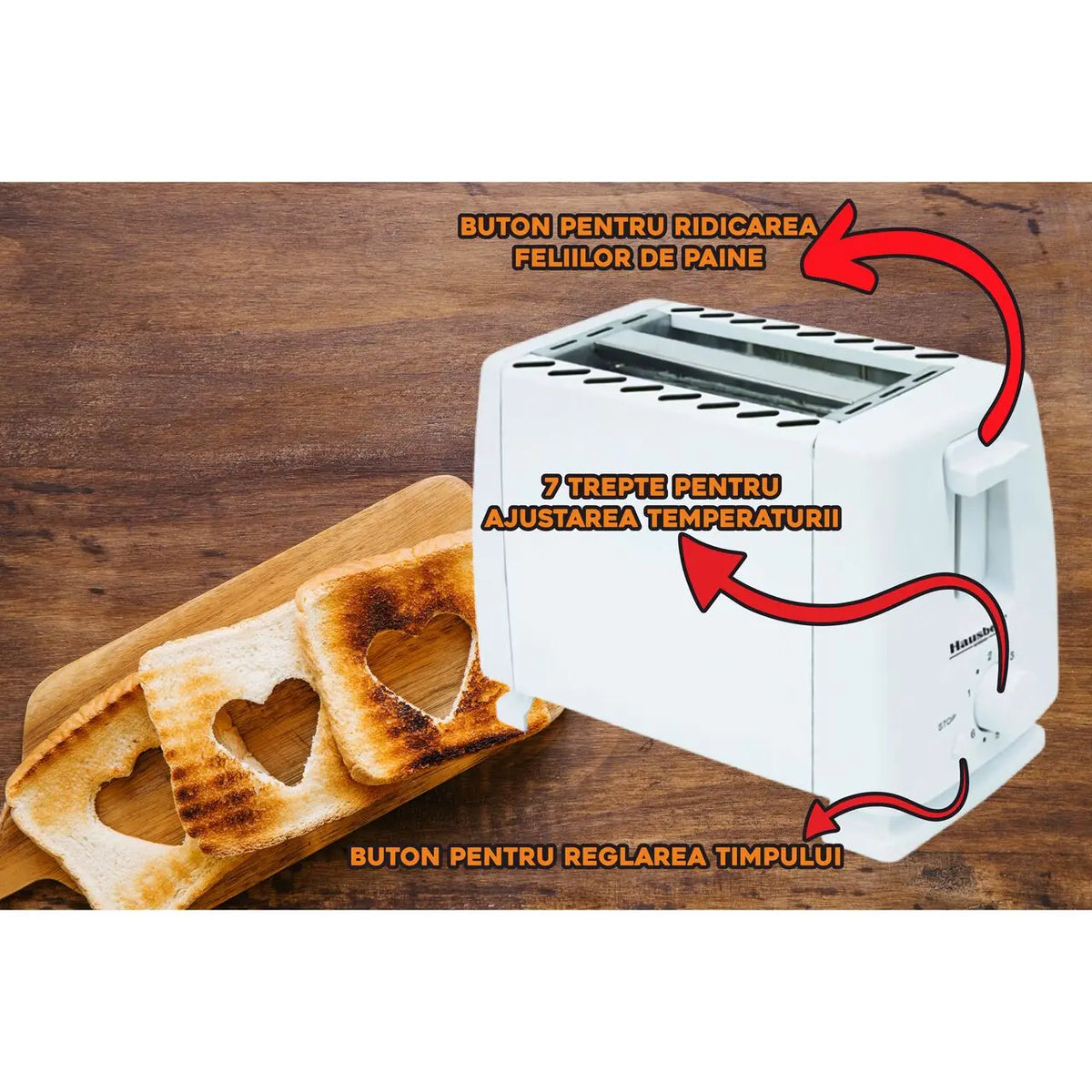 Prajitor de paine HAUSBERG HB-150AB, 750W, 7 setari, 2 felii, oprire automata, picioare anti-alunecare, Alb