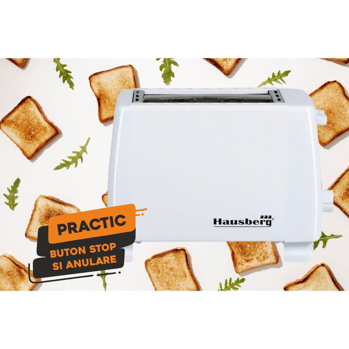 Prajitor de paine HAUSBERG HB-150AB, 750W, 7 setari, 2 felii, oprire automata, picioare anti-alunecare, Alb