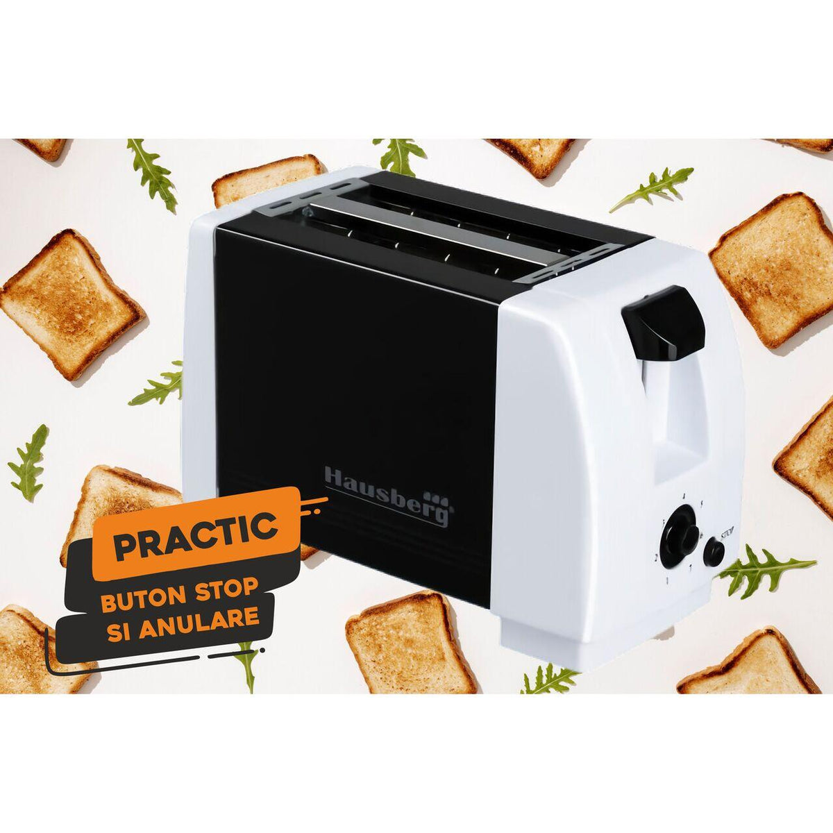 Prajitor de paine HAUSBERG HB-150NG, 750W, 7 setari, 2 felii, oprire automata, picioare anti-alunecare, Negru-Alb