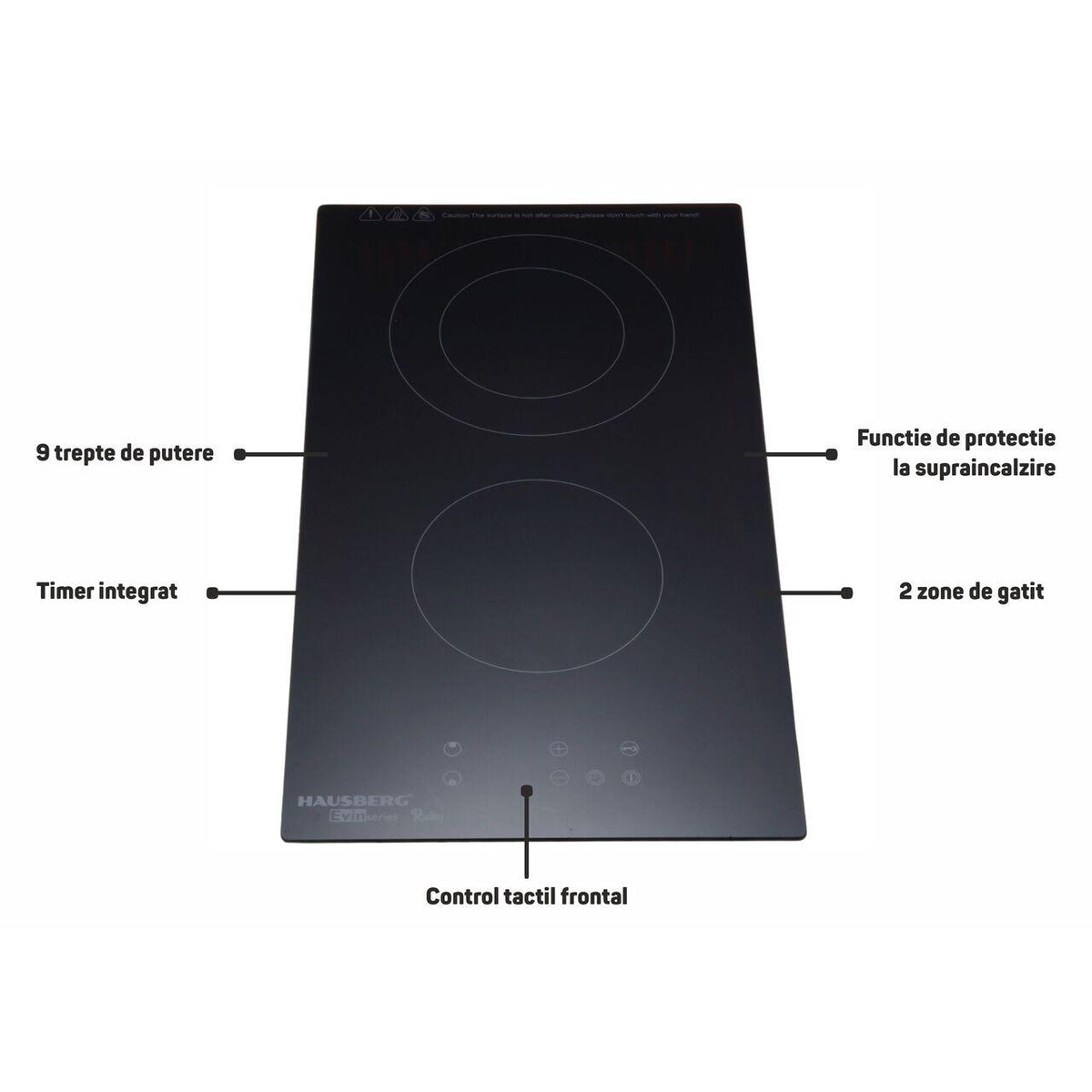 Plita incorporabila HAUSBERG HB-1536, Vitroceramica, 2 zone de gatit, 9 trepte de putere, 3200 W, Touch control, Timer, Sticla Neagra