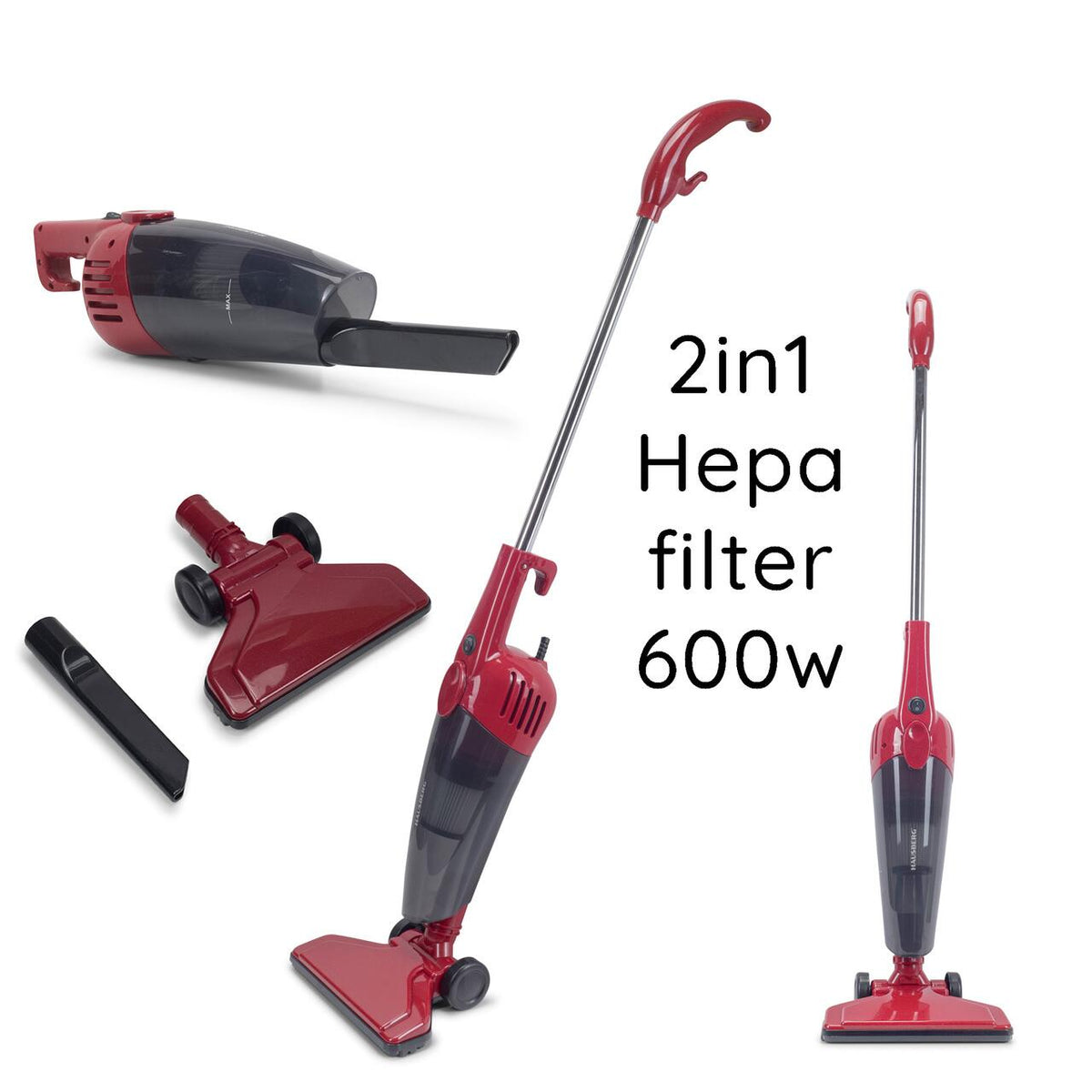 Aspirator vertical 2 in 1 HAUSBERG HB-2025RS, fara sac, aspirare uscata, filtru Hepa, 0.5 L, 600W, Rosu