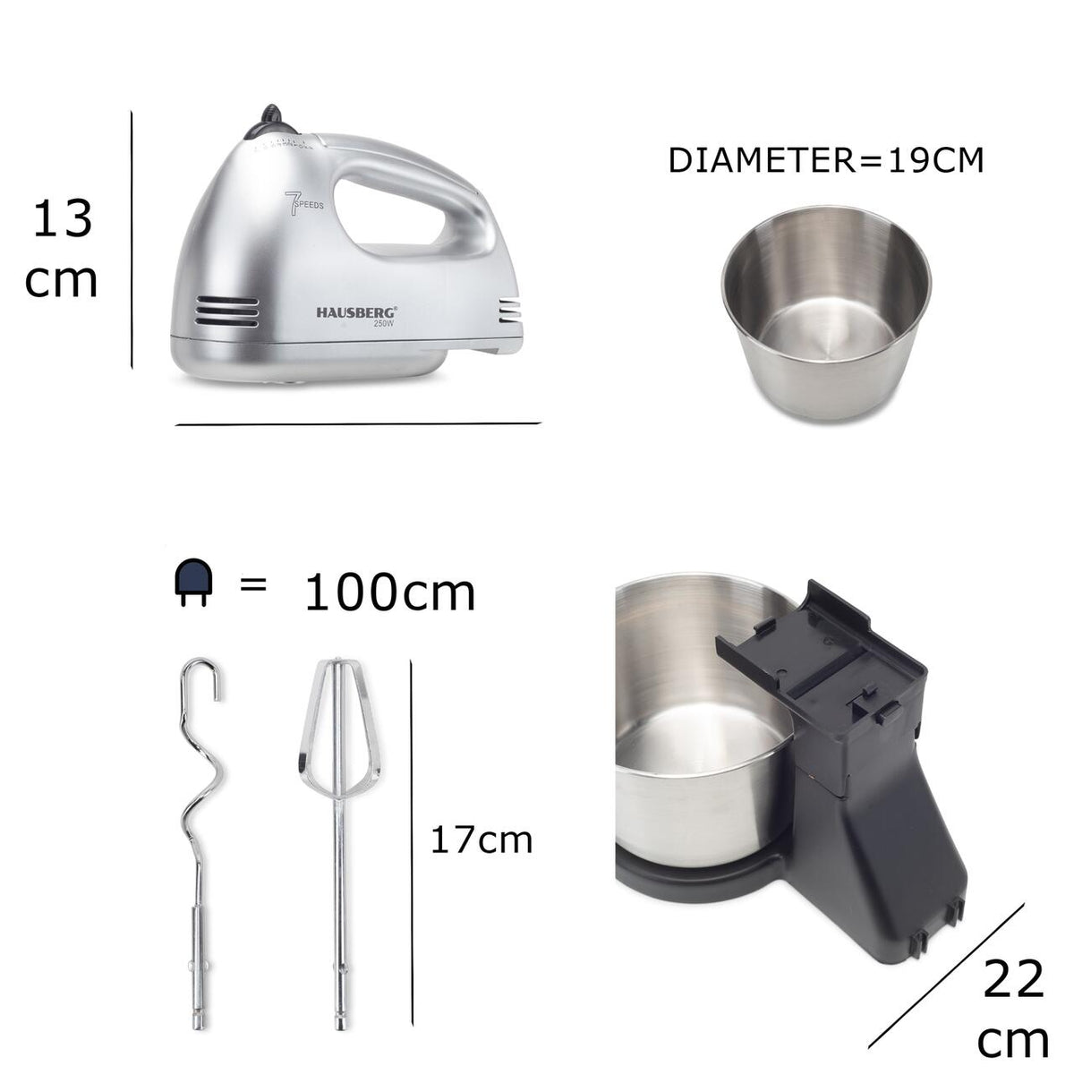 Mixer Cu Bol HAUSBERG HB-3551NG, 7 viteze, putere 250W, BOL DIN INOX DE 2L
