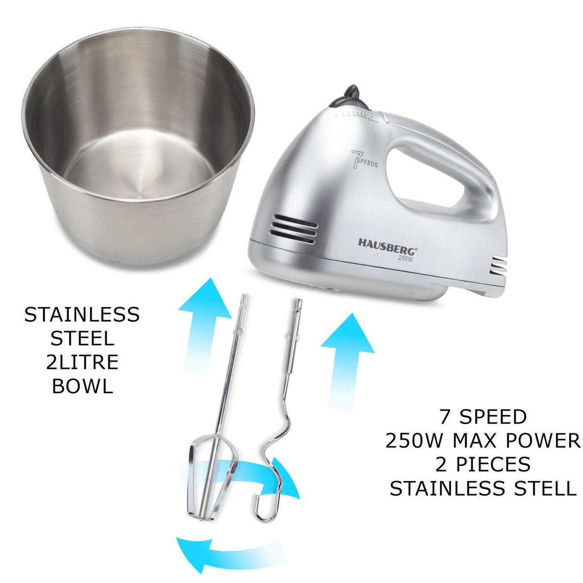 Mixer Cu Bol HAUSBERG HB-3551NG, 7 viteze, putere 250W, BOL DIN INOX DE 2L