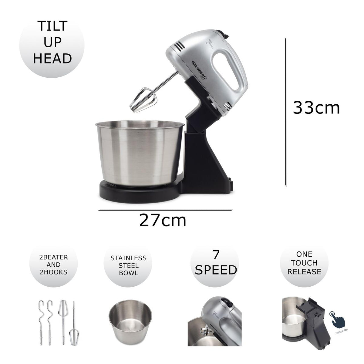 Mixer Cu Bol HAUSBERG HB-3551NG, 7 viteze, putere 250W, BOL DIN INOX DE 2L