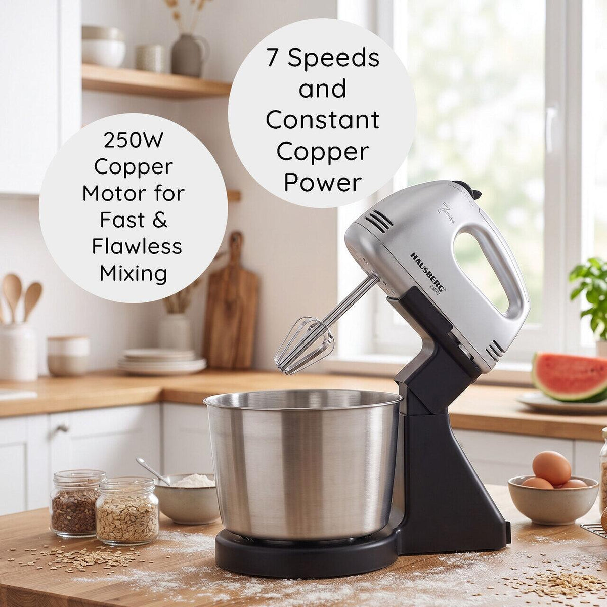 Mixer Cu Bol HAUSBERG HB-3551NG, 7 viteze, putere 250W, BOL DIN INOX DE 2L