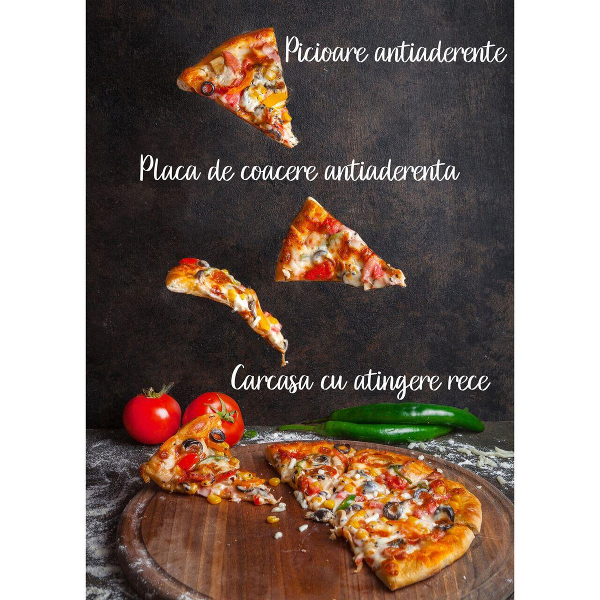 Aparat electric pentru pizza si grill HAUSBERG HB-3565, 1400-1700W, Placa deincalzire cu doua laturi, Termostat, Bachelina
