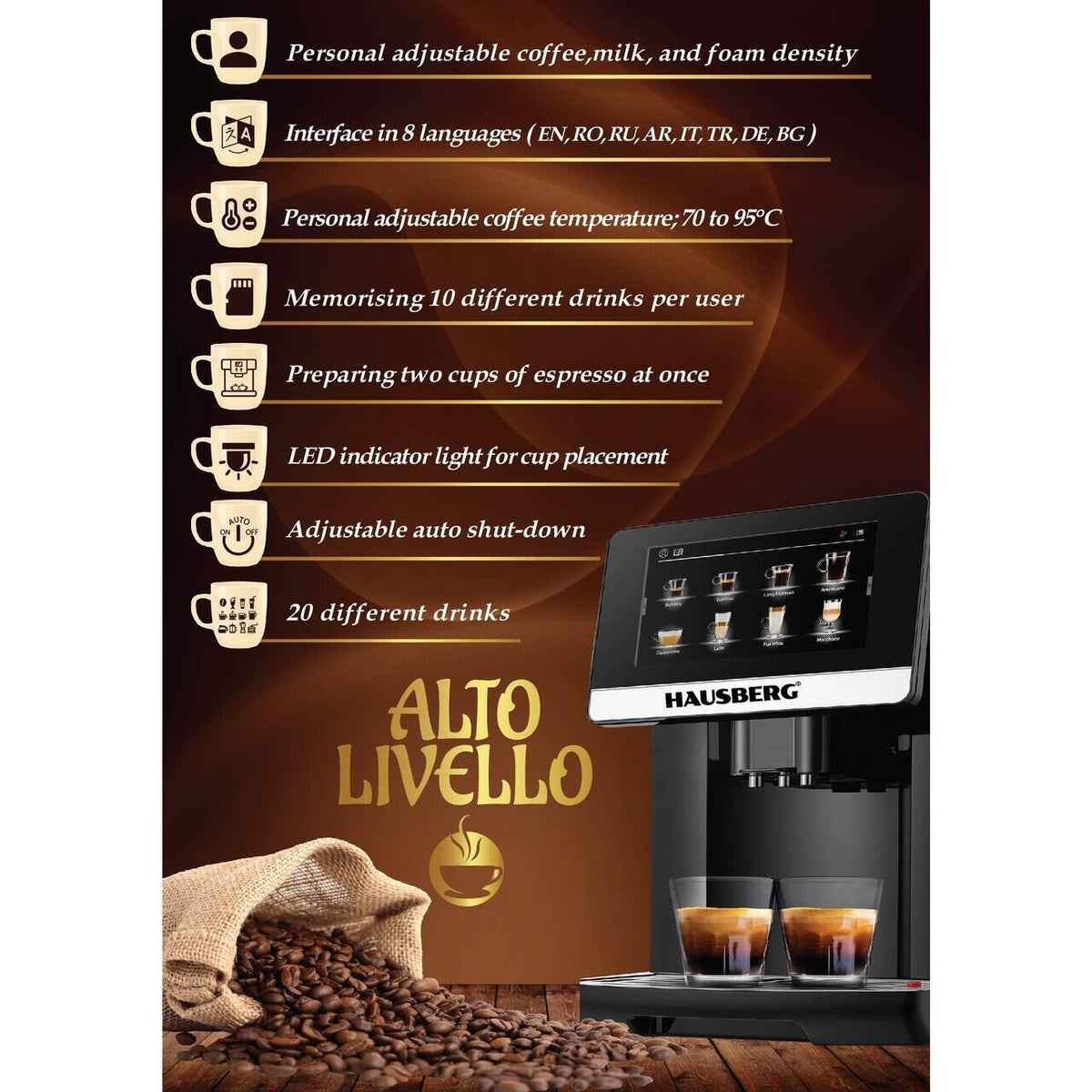 Espressor automat profesional HAUSBERG HB-3770, sistem de lapte LatteGo, 19 bauturi, 19 bar, display digital TFT, filtru AquaClean, rasnita ceramica, optiune cafea macinata, functie MEMO 10 profiluri, Negru
