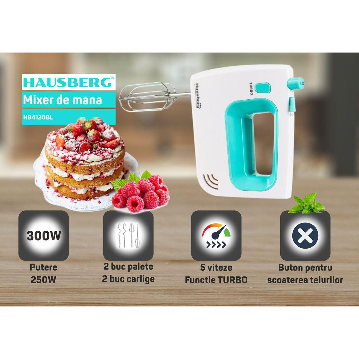 Mixer de mana Hausberg HB-4120BL, 300W ,5 viteze, Functie Turbo, Teluri si carlige metalice, Bleu/Alb