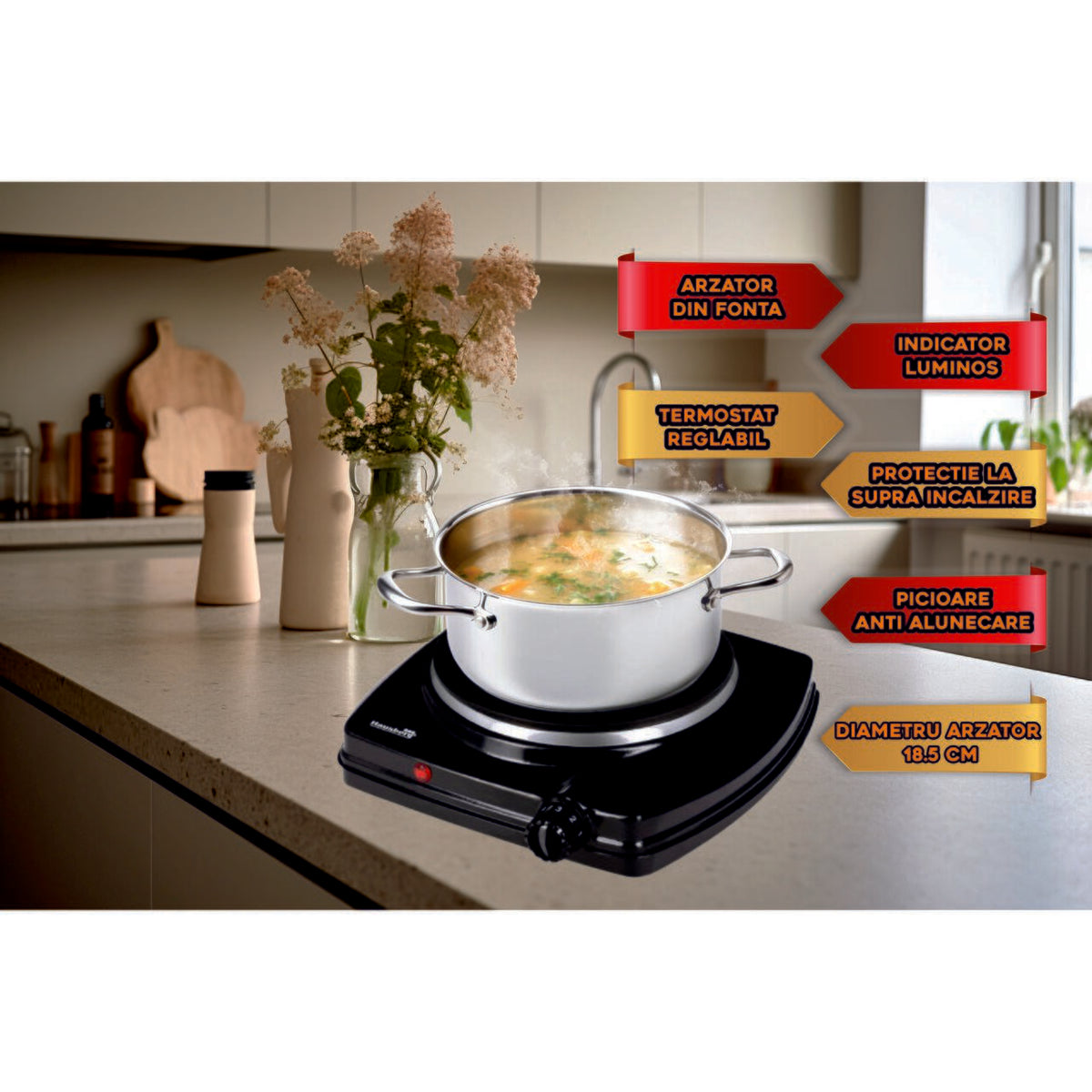 Plita electrica Hausberg HB-519NG, Negru, 1 arzator, Putere 1500W, Termostat