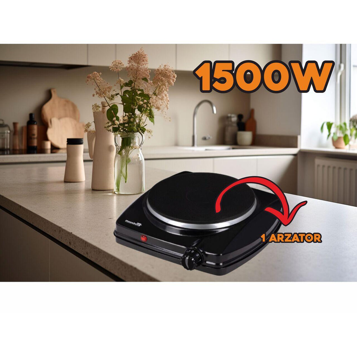 Plita electrica Hausberg HB-519NG, Negru, 1 arzator, Putere 1500W, Termostat