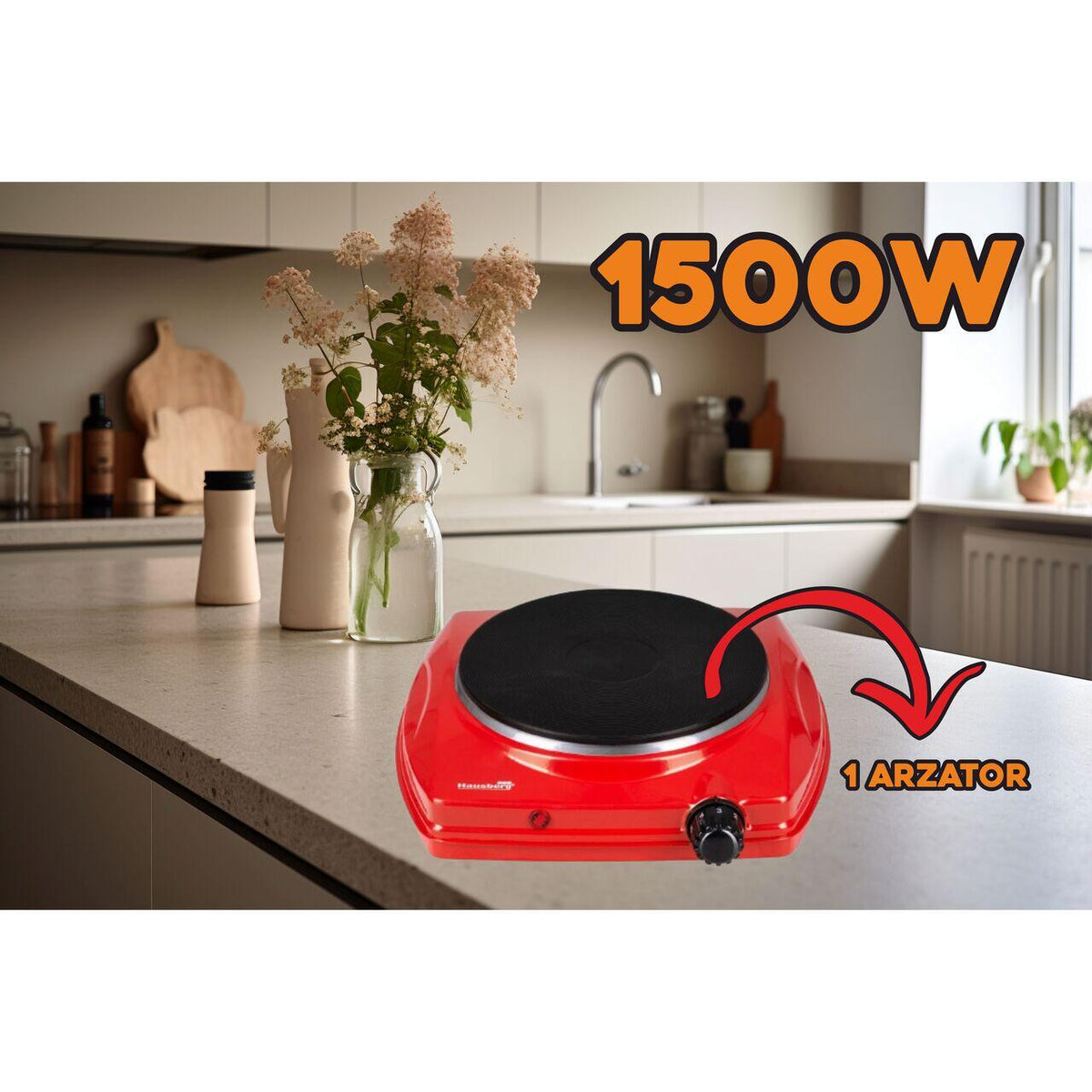 Plita electrica Hausberg HB-519RS, Rosu, 1 arzator, Putere 1500W, Termostat
