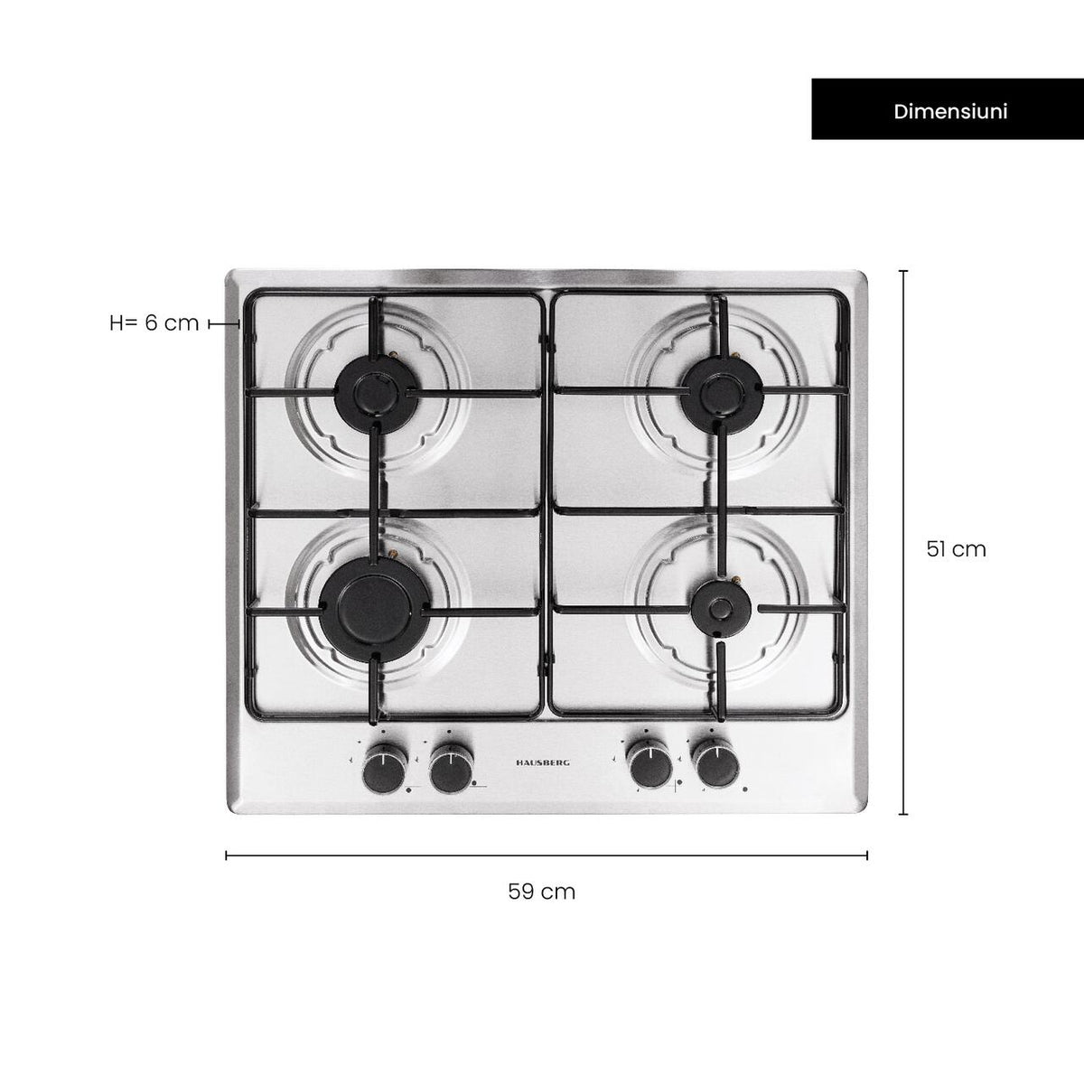 Plita incorporabila Hausberg HB-555, aprindere electrica, gaz, 4 arzatoare, sistem siguranta, Inox