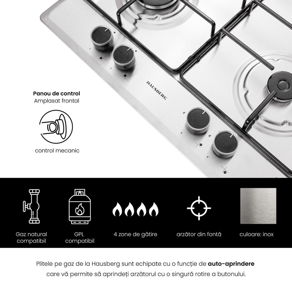 Plita incorporabila Hausberg HB-555, aprindere electrica, gaz, 4 arzatoare, sistem siguranta, Inox