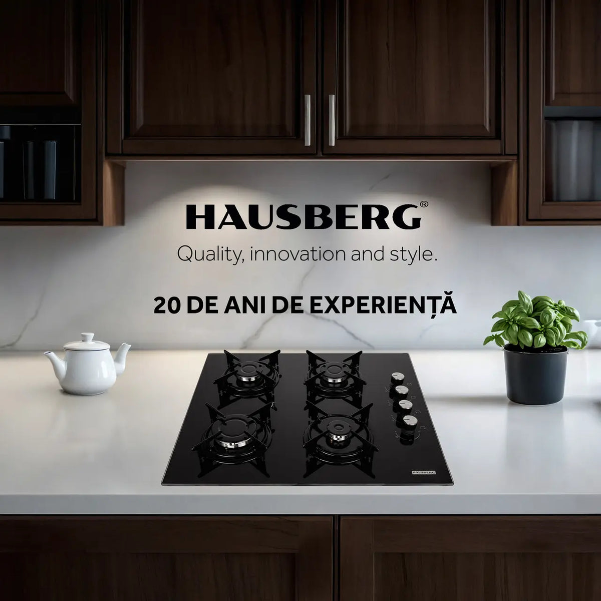 Plita incorporabila Hausberg HB-563, Gaz, 4 arzatoare, Negru