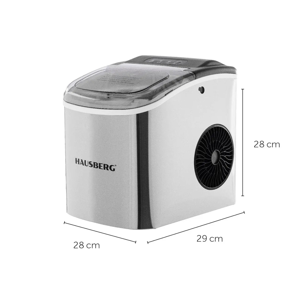 Aparat de preparat gheata HAUSBERG HB-6019IN, capacitate vas apa 1.2 litri, productie cuburi gheata 12-15 kg / 24 ore, capacitate de stocare 0.6 kg, 9 cuburi/6-9 min, argintiu