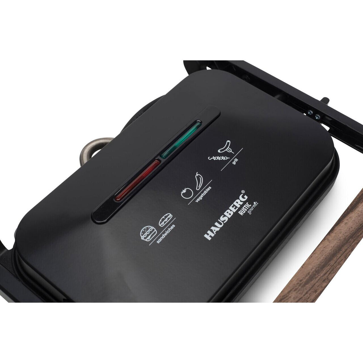 Sandwich-maker Grill HAUSBERG HB-632, 1100-1300 W, Panini, Placi nonaderente, Maner rece, Negru