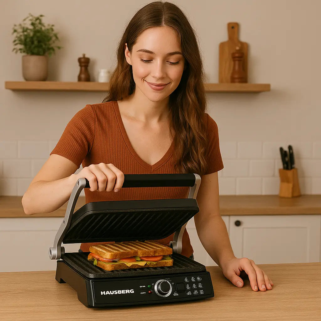 Grill electric Hausberg HB633RS, 2000-2200 W, placi antiaderente, suprafata de gatire 30x24.5 cm, termostat, Rosu