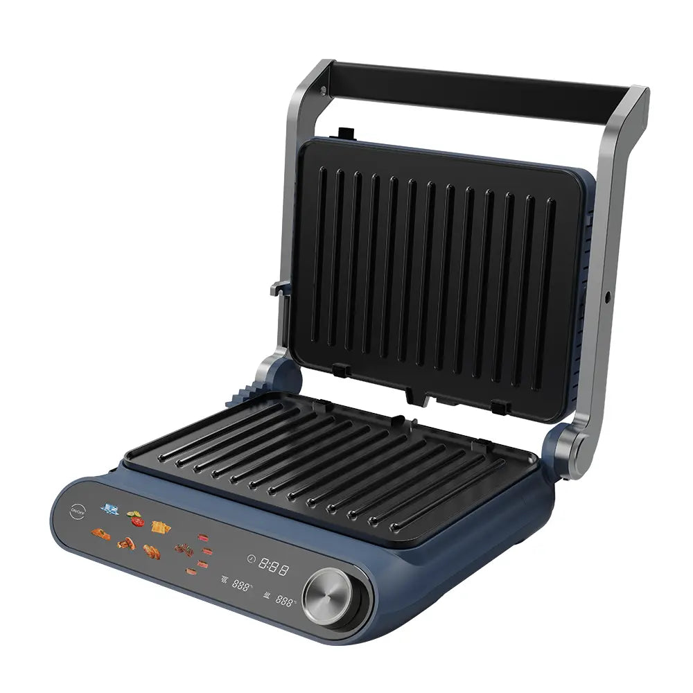 Sandwich Maker 2 in 1 HAUSBERG HB-635, Putere 2200 W, Placi pentru sanwich si grill, Acoperite cu strat anti-aderent, Ecran tactil digital, 7 programe diferite de gatit, Culoare Albastru/Gri