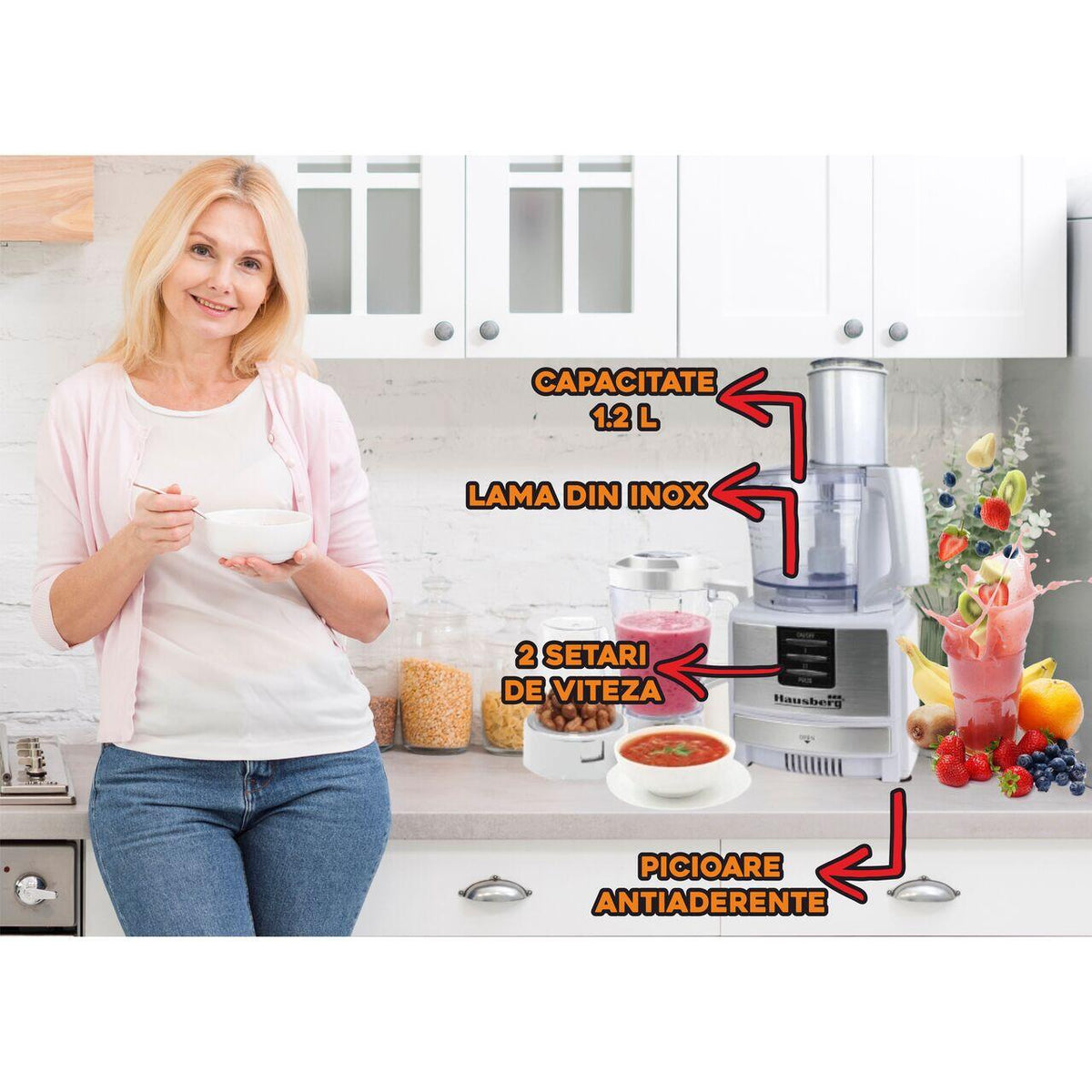 Robot de bucatarie 3 in 1 HB7522AB , macinare, taiere, framantare si tocare, 600 W, Alb, multifunction food procesor