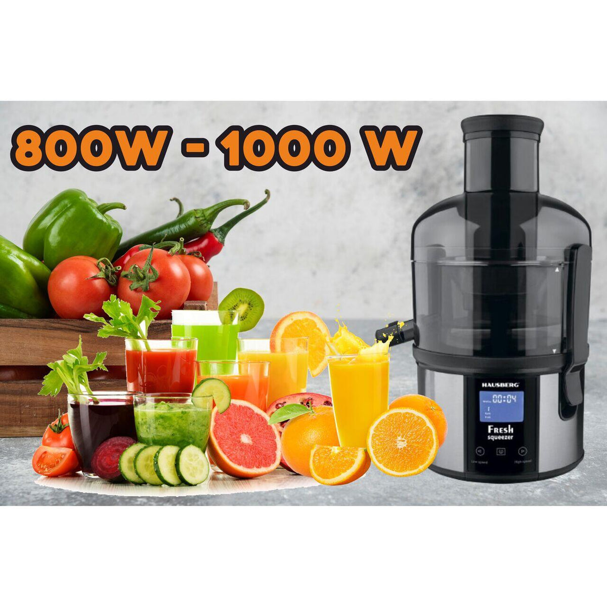 Storcator de fructe Digital HAUSBERG HB-7545IN, 800-1000W, 85mm, 1L Pulpa, 5 Viteze, Otel inoxidabil Negru/Inox