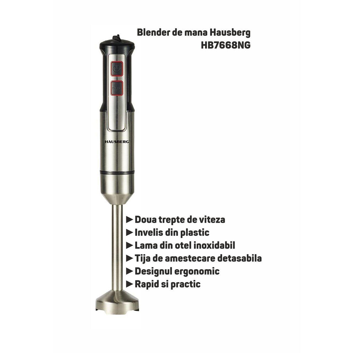 Blender de mana Hausberg HB-7668NG, 1000 W, 2 viteze, lama din otel inoxidabil, motor cupru, Negru-Inox