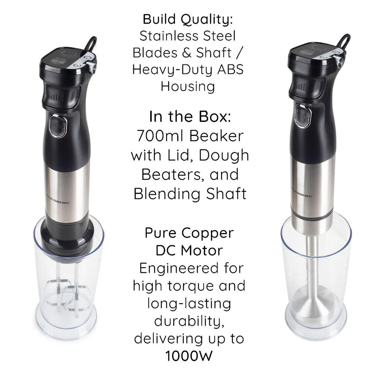 Blender 2 in 1 HAUSBERG HB-7704IN cu putere 1000W, Mixer vertical profesional, 10 trepte de viteza si functie Turbo, Capacitate pahar 700 ml , Multifunctional