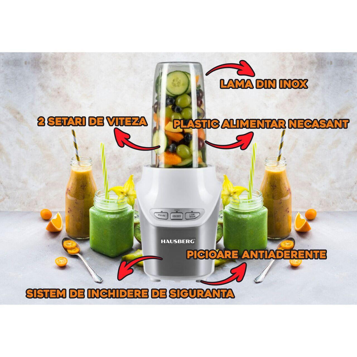 Blender 2 in 1 Hausberg HB7705AB, putere 1000W, Nutrition Extractor, 8 piese