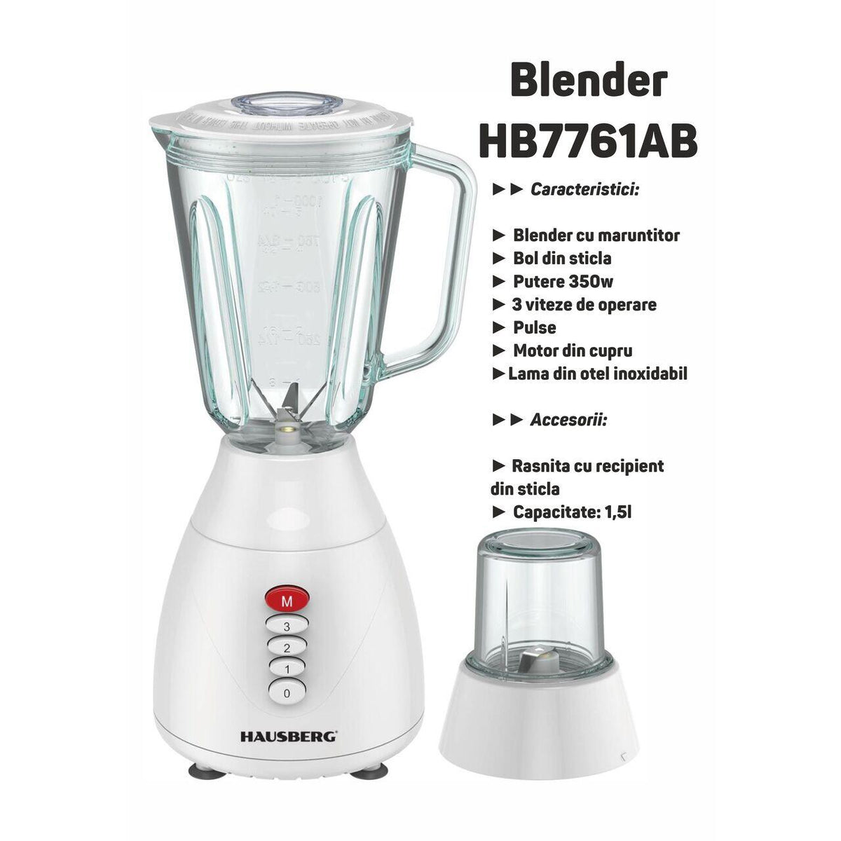 Blender HAUSBERG HB-7760AB, 350W, 1.5L, 3 trepte viteza, functie Pulse, zdrobire gheata, 4 lame detasabile, Alb