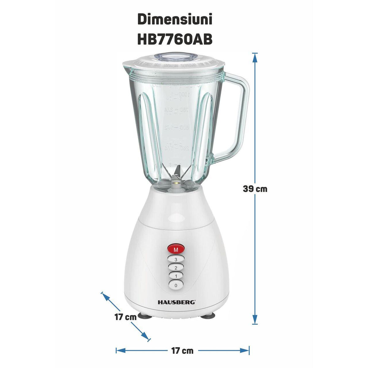 Blender HAUSBERG HB-7760AB, 350W, 1.5L, 3 trepte viteza, functie Pulse, zdrobire gheata, 4 lame detasabile, Alb