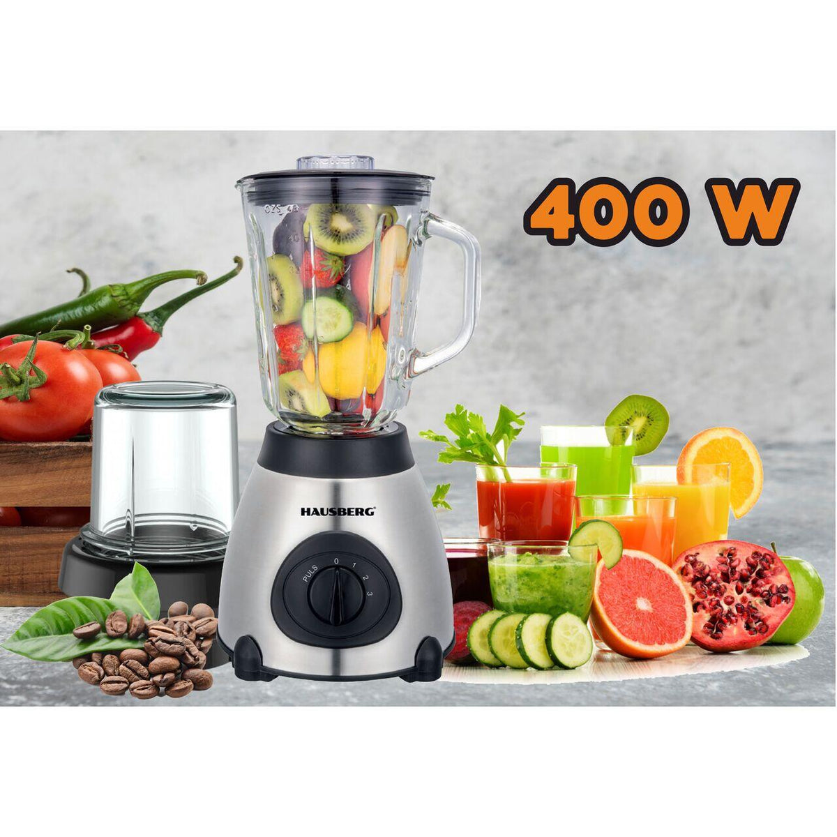Blender cu rasnita, Hausberg HB-7762, doua viteze cu pulsatii, recipient sticla 1.5 L, 400W