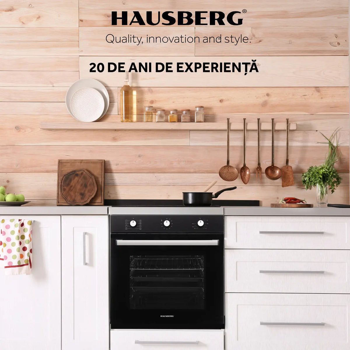 Cuptor incorporabil Hausberg HB-8053NG, Electric, Putere 2225 W, 71 l, 8 Functii, Ventilatie, Timer, Clasa A, Negru