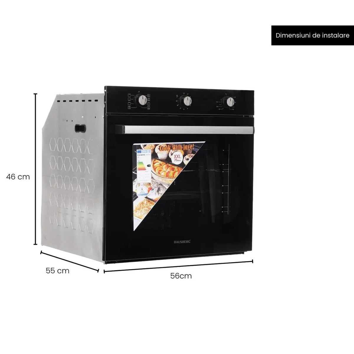 Cuptor incorporabil Hausberg HB-8053NG, Electric, Putere 2225 W, 71 l, 8 Functii, Ventilatie, Timer, Clasa A, Negru