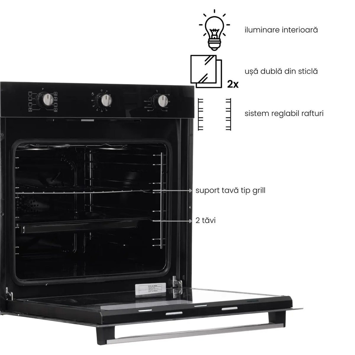 Cuptor incorporabil Hausberg HB-8053NG, Electric, Putere 2225 W, 71 l, 8 Functii, Ventilatie, Timer, Clasa A, Negru