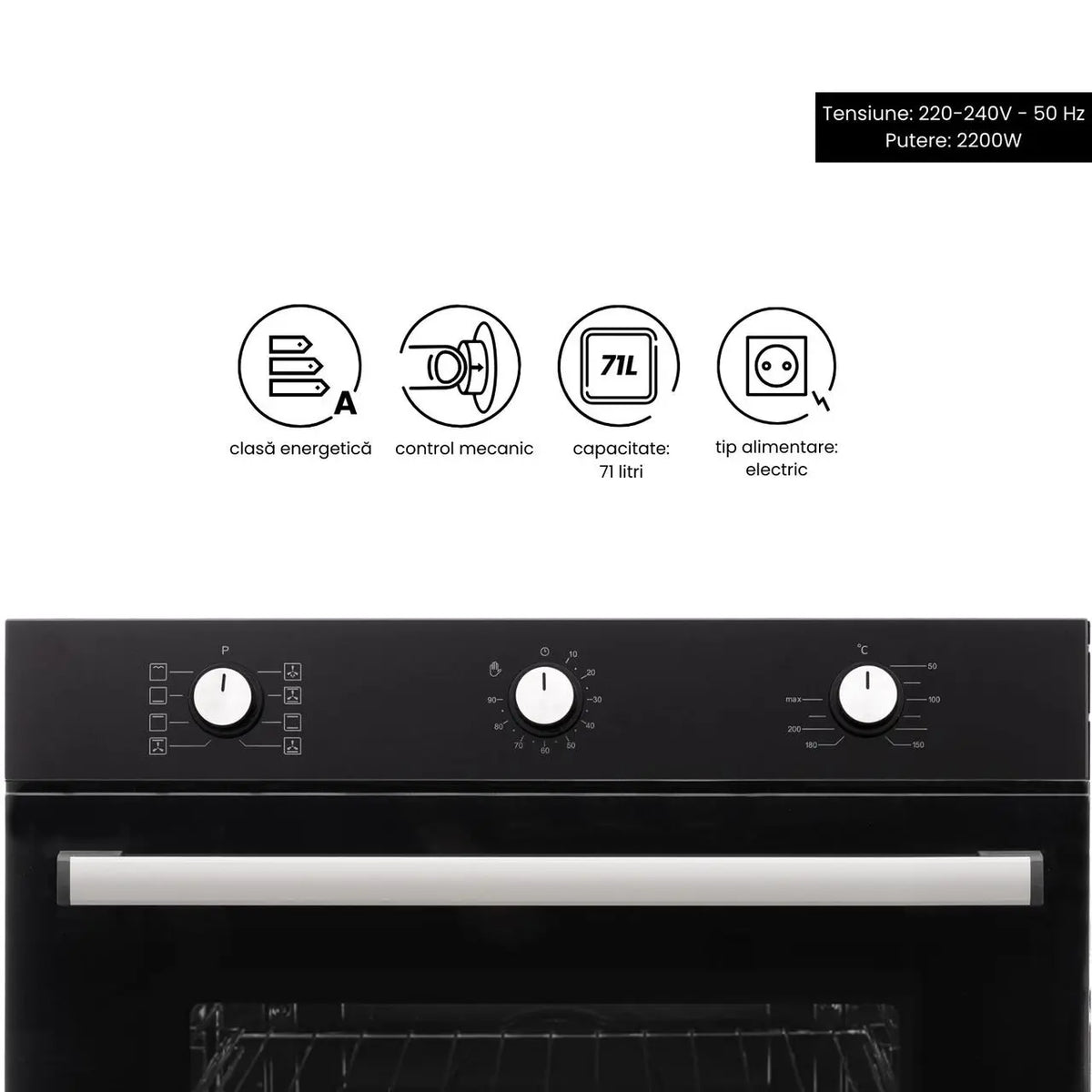 Cuptor incorporabil Hausberg HB-8053NG, Electric, Putere 2225 W, 71 l, 8 Functii, Ventilatie, Timer, Clasa A, Negru