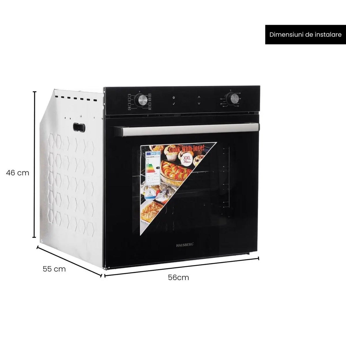 Cuptor electric incorporabil Hausberg HB-8054NG, Clasa A, volum 71L, putere 2225W, panou sticla termoizolant, termostat, timer, 8 functii, ventilatie, Negru