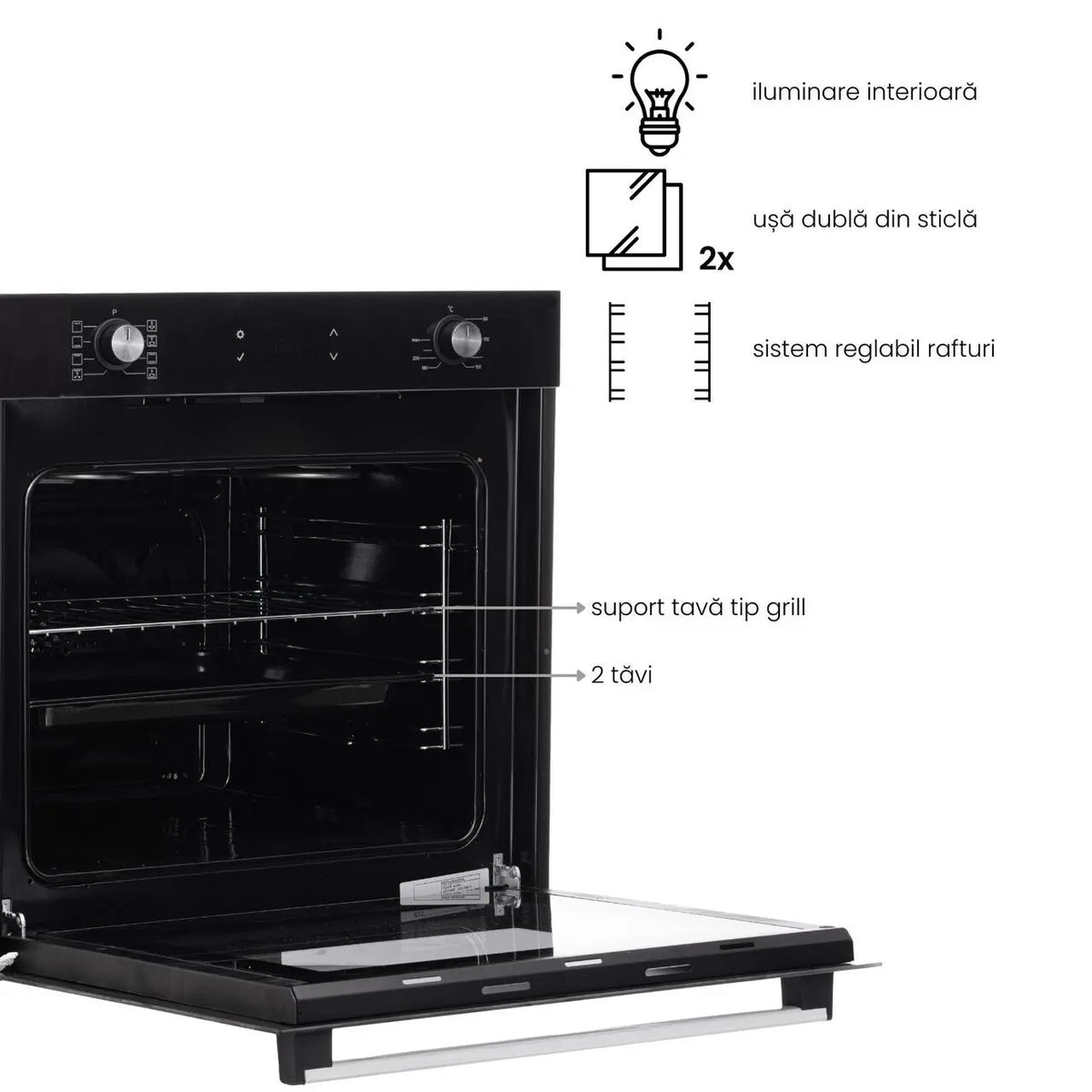Cuptor electric incorporabil Hausberg HB-8054NG, Clasa A, volum 71L, putere 2225W, panou sticla termoizolant, termostat, timer, 8 functii, ventilatie, Negru