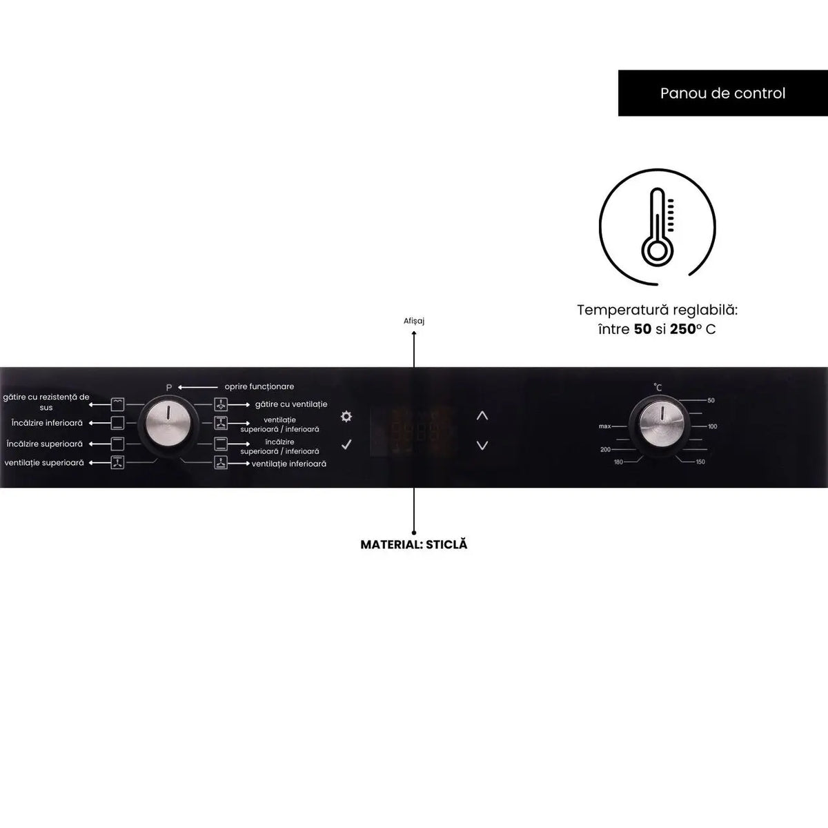 Cuptor electric incorporabil Hausberg HB-8054NG, Clasa A, volum 71L, putere 2225W, panou sticla termoizolant, termostat, timer, 8 functii, ventilatie, Negru