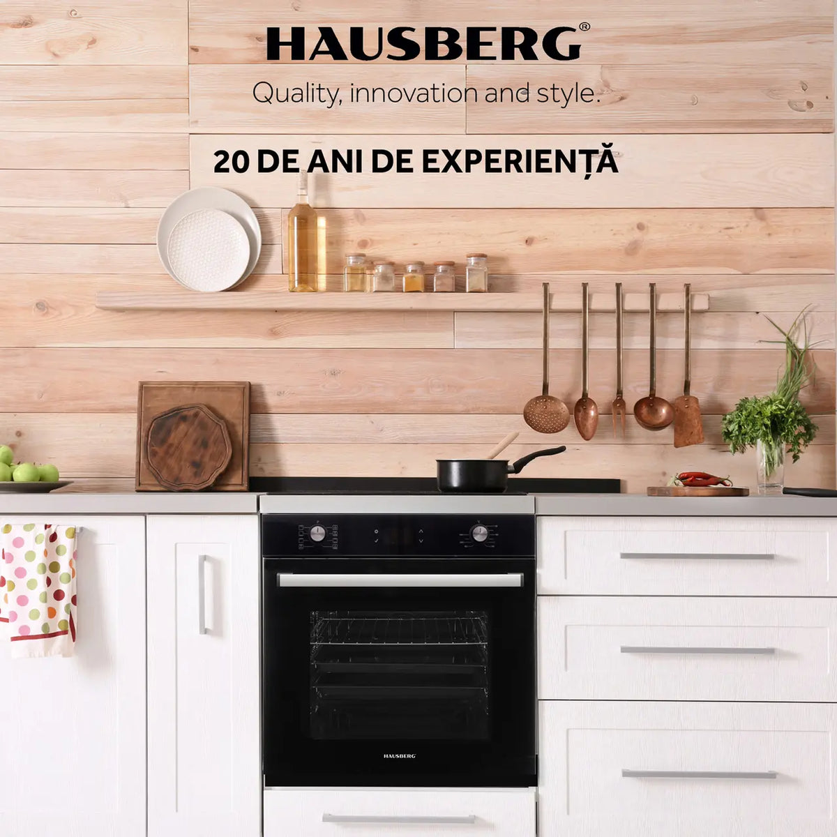 Cuptor electric incorporabil Hausberg HB-8054NG, Clasa A, volum 71L, putere 2225W, panou sticla termoizolant, termostat, timer, 8 functii, ventilatie, Negru