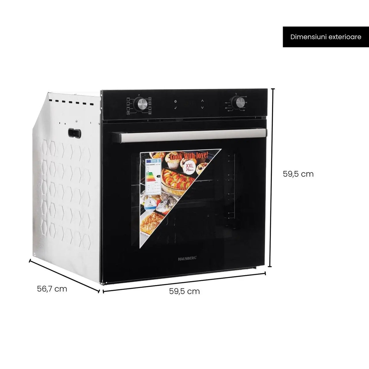Cuptor electric incorporabil Hausberg HB-8054NG, Clasa A, volum 71L, putere 2225W, panou sticla termoizolant, termostat, timer, 8 functii, ventilatie, Negru