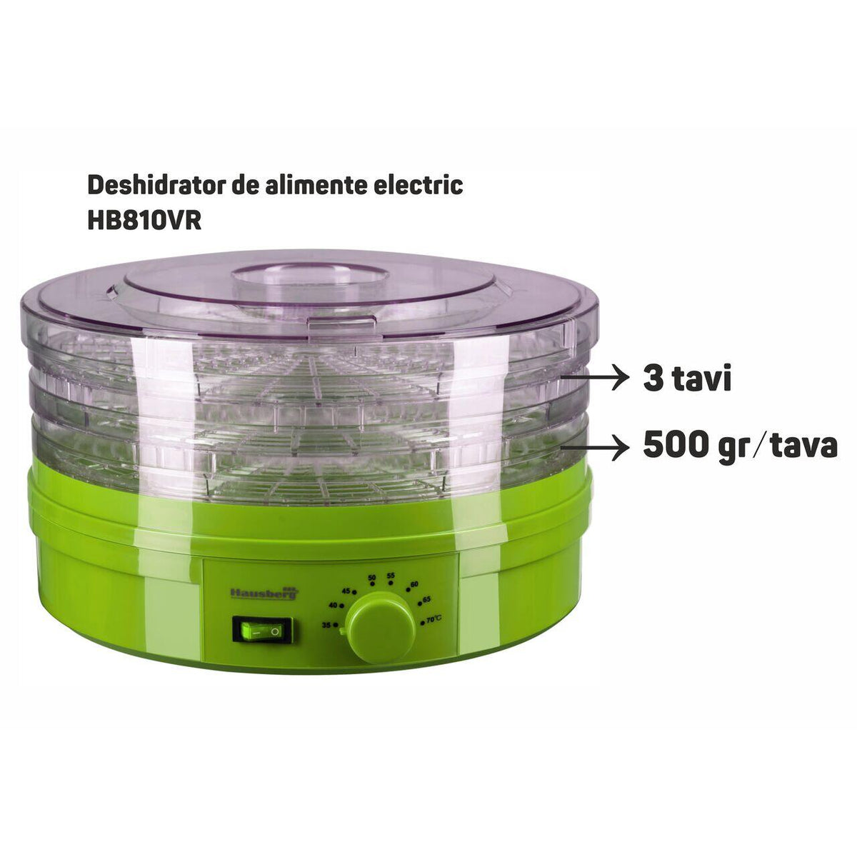 Deshidrator de alimente electric Hausberg HB810VR ,Termostatul reglabil ,Putere 250 W, motor cupru, verde
