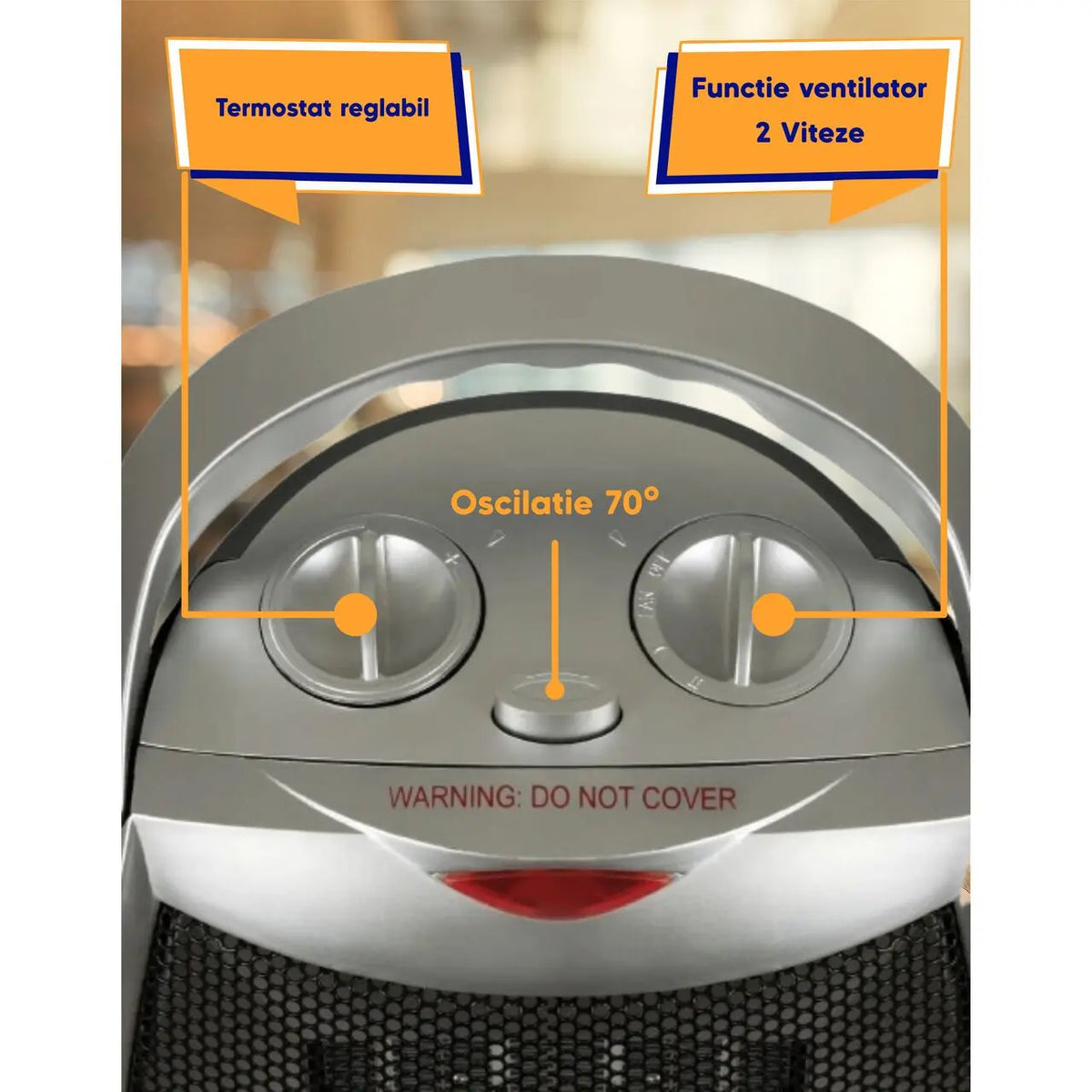 Aeroterma ceramica HAUSBERG HB-8770, 1500W, Termostat Reglabil, 2 Viteze, Functie Ventilator, Siguranta Anti Cadere, Silentios, Maner transport