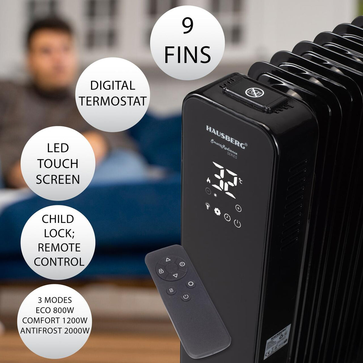 Calorifer electric Digital cu Telecomanda HAUSBERG HB-8950NG, 2000W, 9 elementi, 3 setari, Termostat electronic, Protectie supra-incalzire, Protectie anti-rasturnare