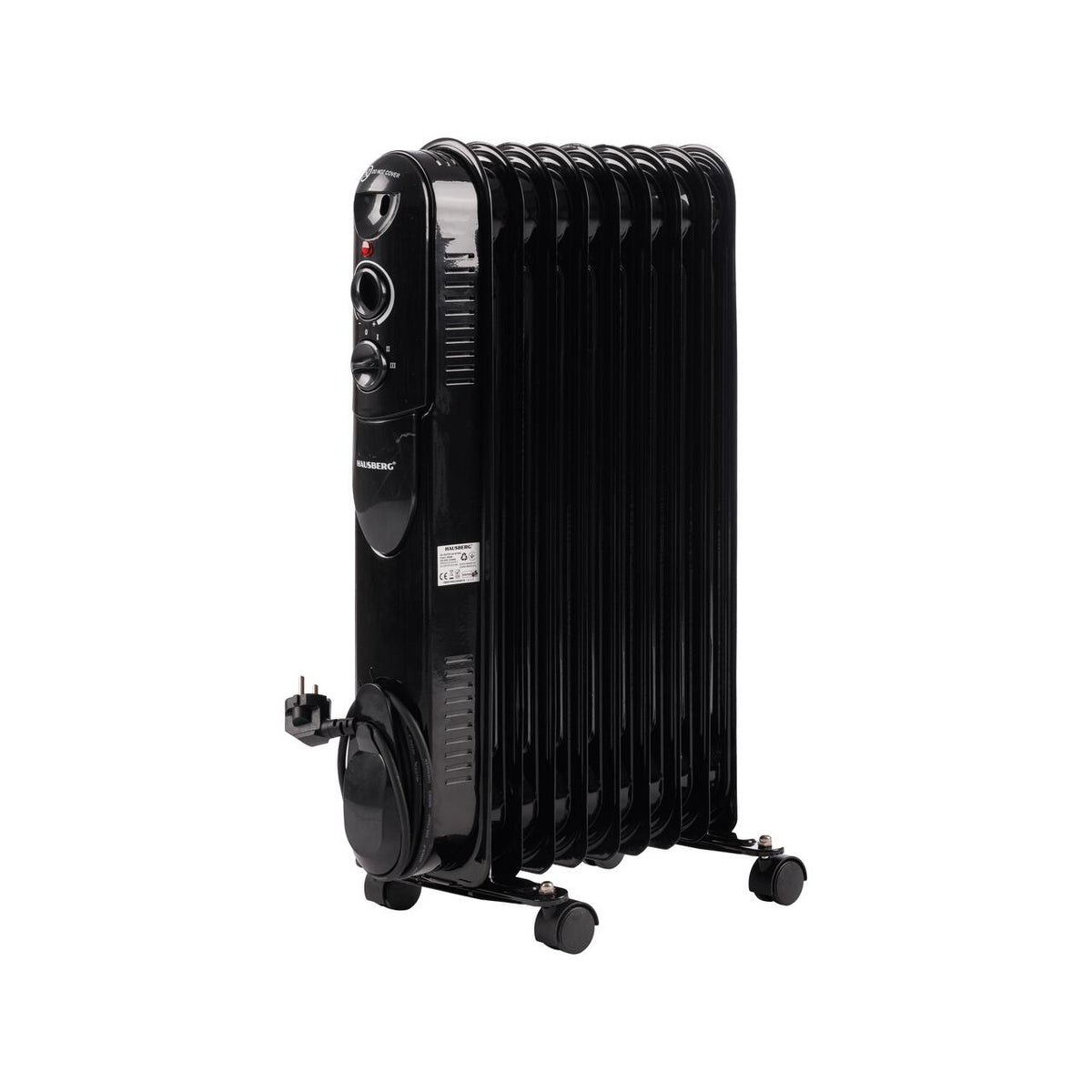 Calorifer electric cu ulei HAUSBERG HB-8915, 3 trepte, 800-1200-2000 W, 9 elementi 110 mm x 580 mm, termostat reglabil, maner si rotite pentru o deplasare facila, indicator luminos functionare