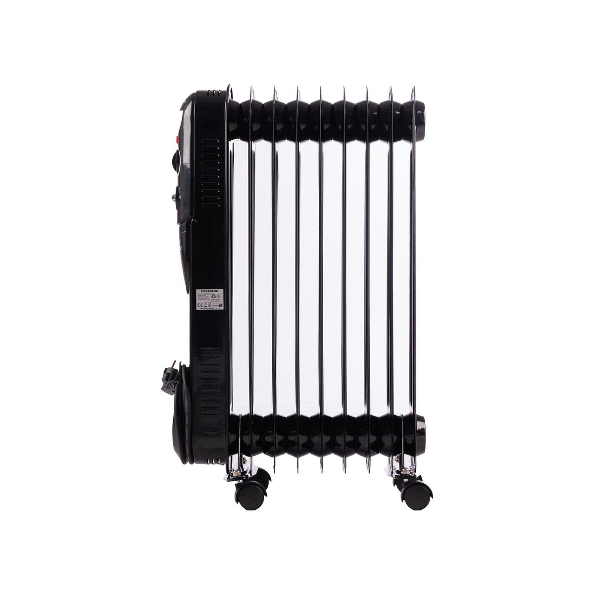 Calorifer electric cu ulei HAUSBERG HB-8915, 3 trepte, 800-1200-2000 W, 9 elementi 110 mm x 580 mm, termostat reglabil, maner si rotite pentru o deplasare facila, indicator luminos functionare